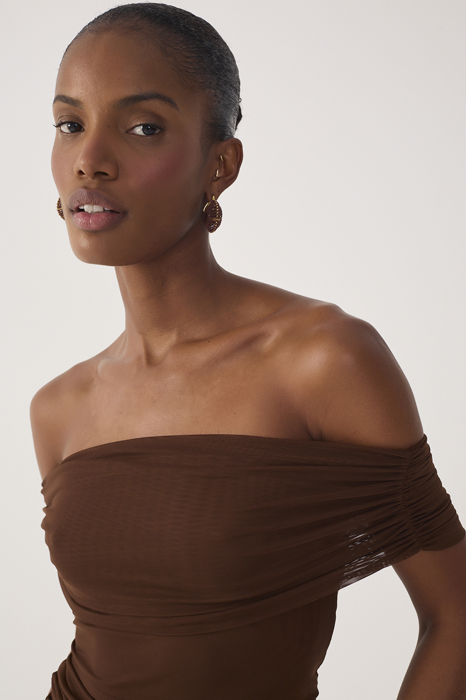 Brown Ruched Tulle Blouse