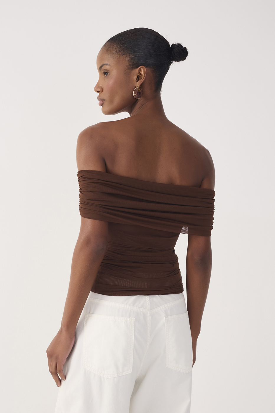 Brown Ruched Tulle Blouse