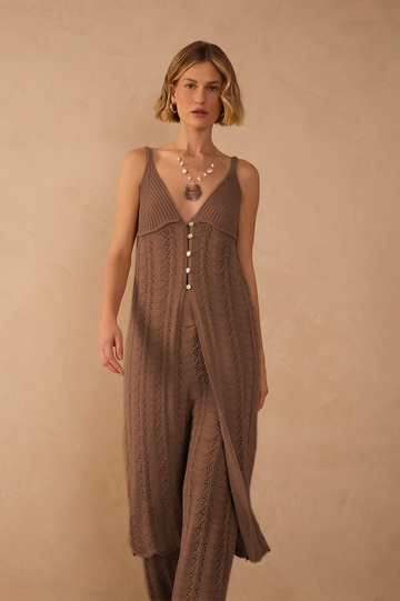 Brown V Neck Buttoned Tricot Maxi Tunic