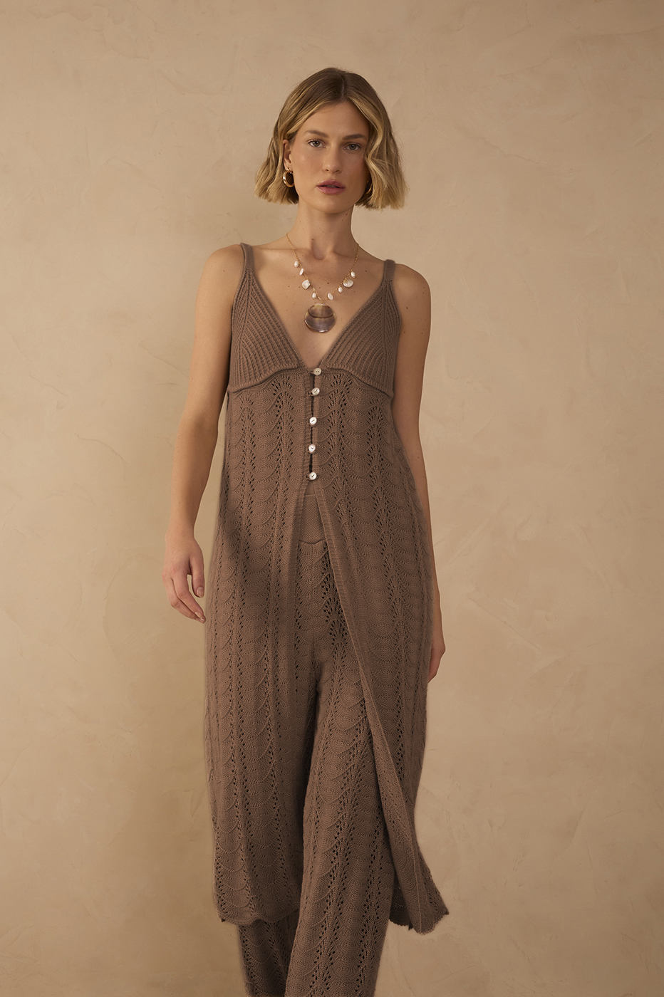 Brown V Neck Buttoned Tricot Maxi Tunic