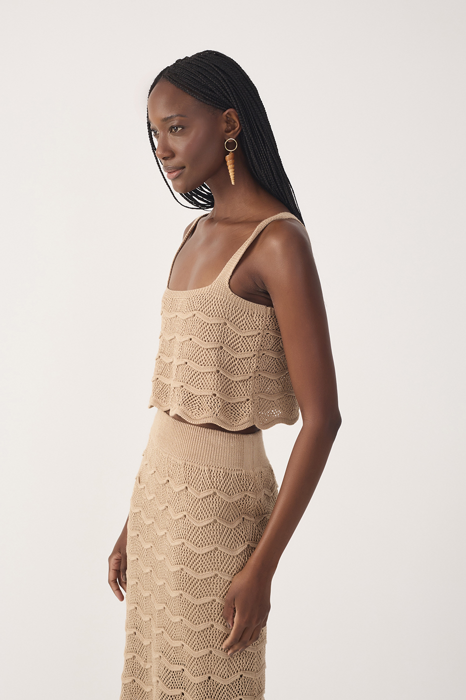Beige Square Neck Sleeveless Tricot Blouse
