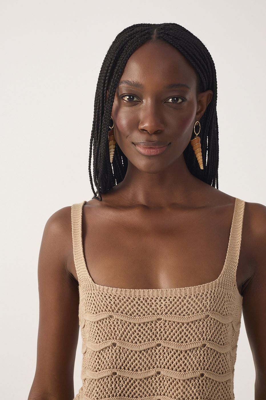 Beige Square Neck Sleeveless Tricot Blouse
