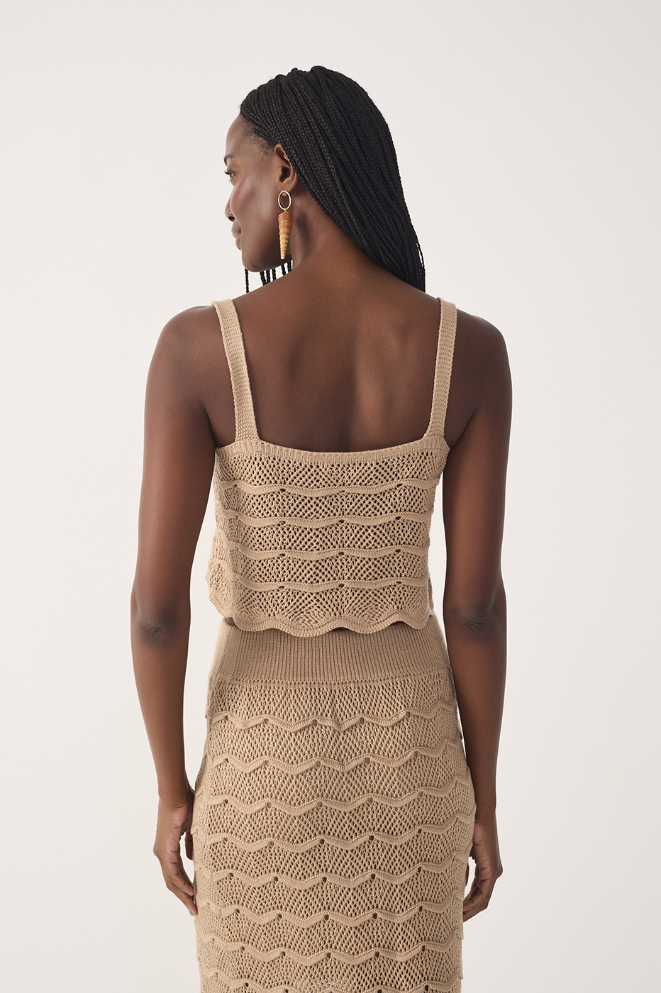 Beige Square Neck Sleeveless Tricot Blouse