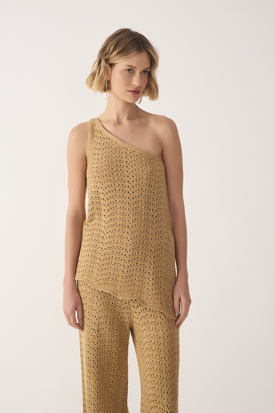 Golden One Shoulder Lurex Knit Top