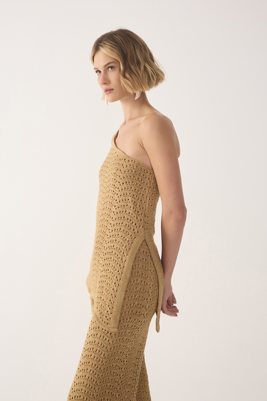 Golden One Shoulder Lurex Knit Top