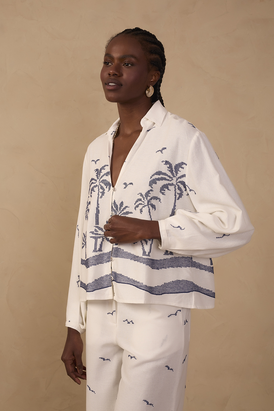 Embroidered Coconut Tree Linen Shirt
