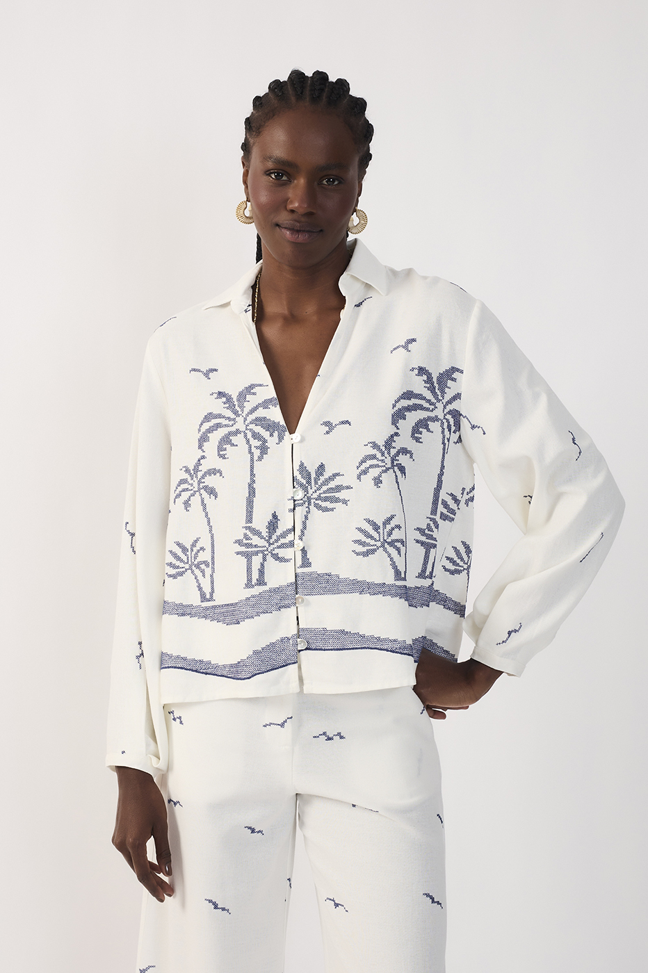 Embroidered Coconut Tree Linen Shirt