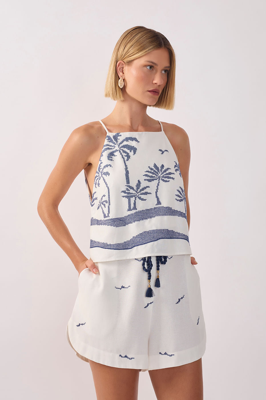 Embroidered Coconut Tree Linen Blouse