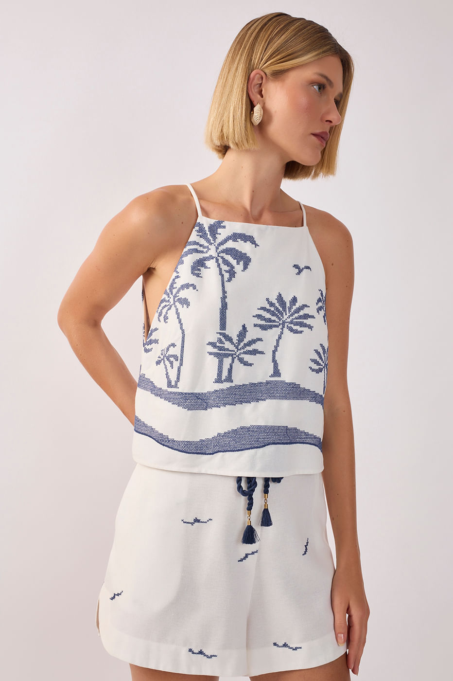 Embroidered Coconut Tree Linen Blouse