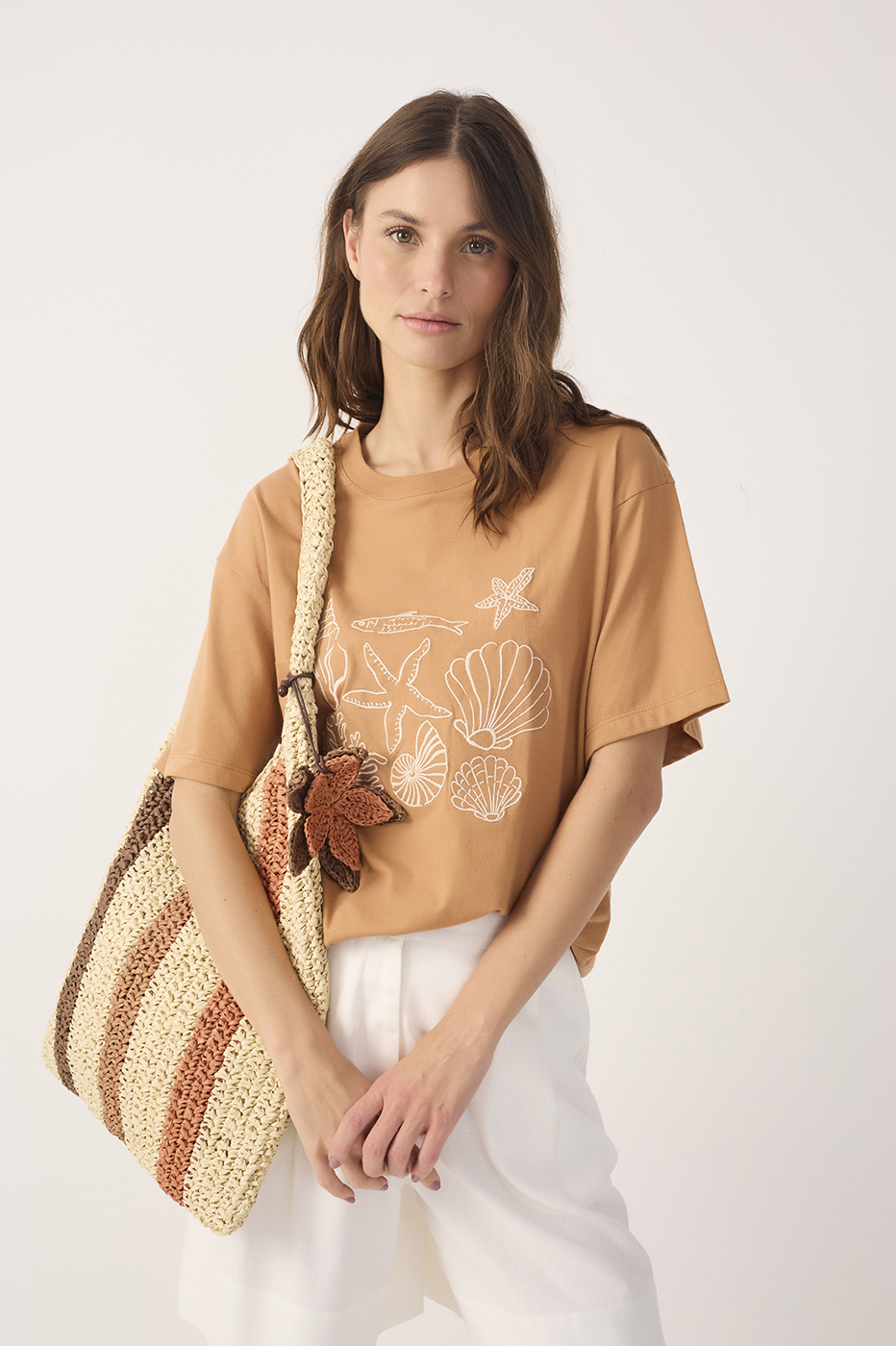 Beige Conchas Embroidered Short Sleeve T-Shirt