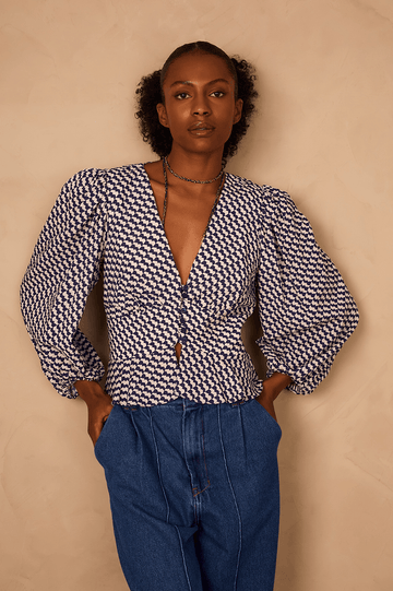 Blue Gavea V Neck Buttoned Puff Sleeve Blouse