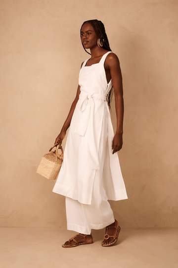 Off-White Square Neck Side Slits Belted Linen Midi Tunic