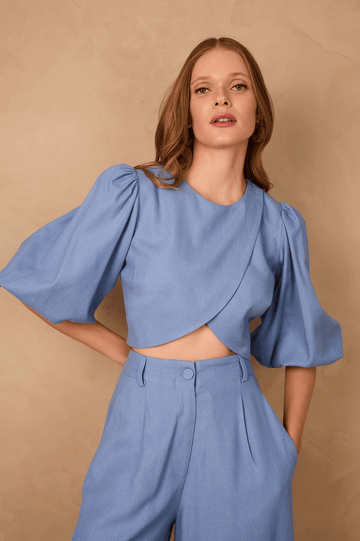 Blue Arpoador Puff Sleeve Wrap Crop Blouse