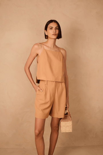 Beige Square Neck Adjustable Straps Linen Blouse