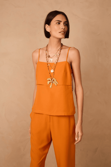 Orange Samba Layered Smocked Adjustable Straps Blouse