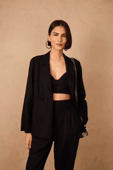 Black Sweetheart Neck Smocked Linen Crop Top