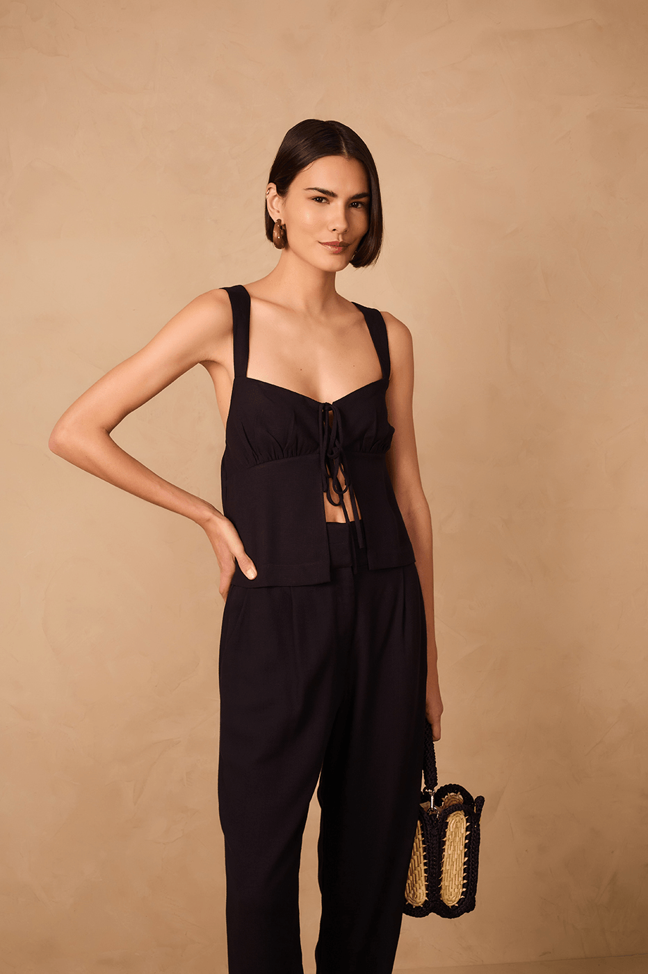 Black Sweetheart Neck Front Ties Crossed Back Top