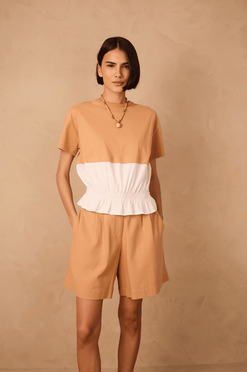 Beige And White Crew Neck Smocked Hem T-Shirt