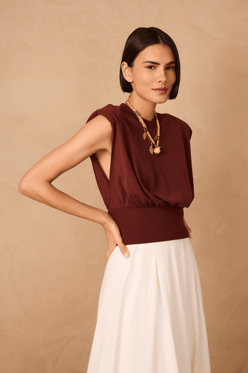 Brown Caffeine Crew Neck Ribbed Sleeveless T-Shirt
