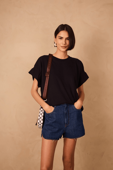 Black Crew Neck Ruched Sleeve T-Shirt