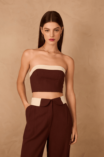 Brown Strapless Linen Crop Top