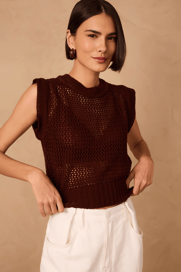 Brown Caffeine Crew Neck Sleeveless Pullover Tricot Blouse
