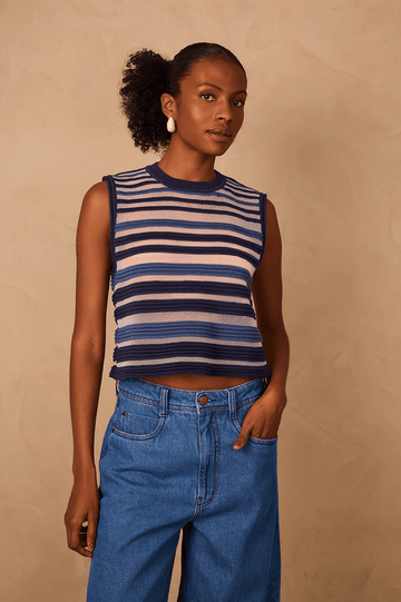 Blue Stripes Joa Ribbing Sleeveless Tricot Blouse