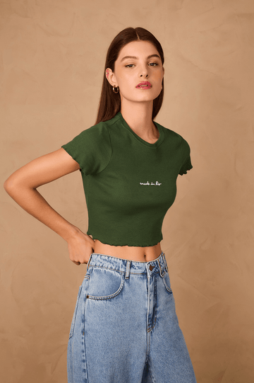 Green Made In Rio Embroidered Short Sleeve Crop Top