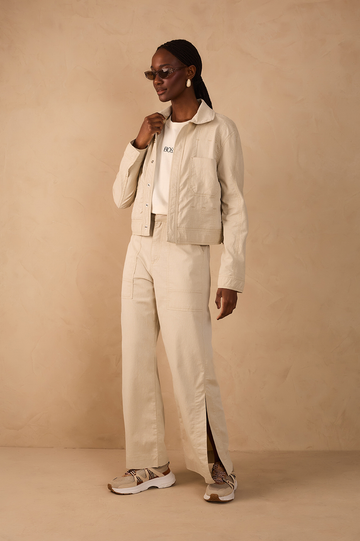 Beige Sand Front Slit Pockets Twill Pants