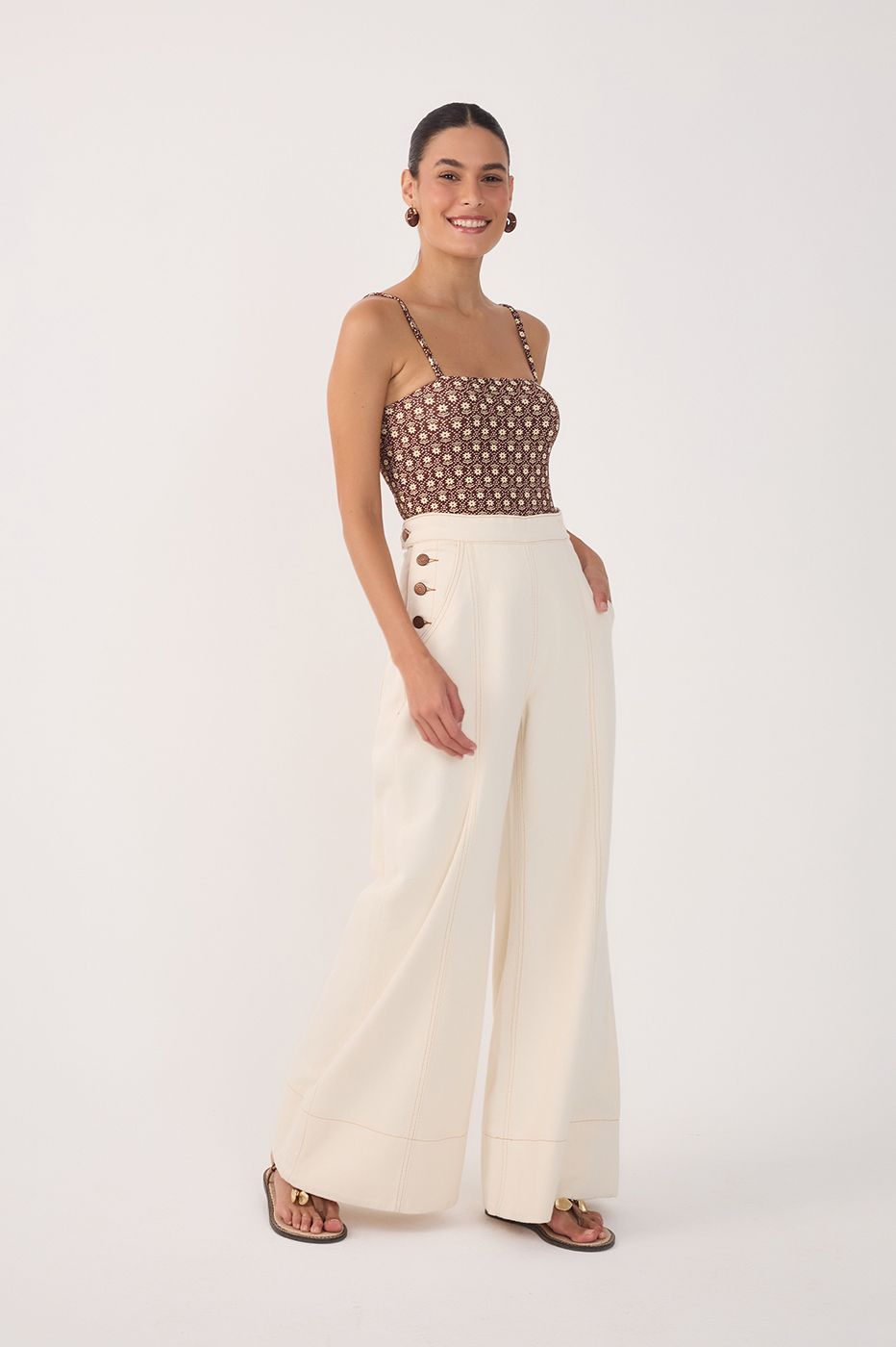 Off-White Buttoned Pockets Wide-Leg Pants