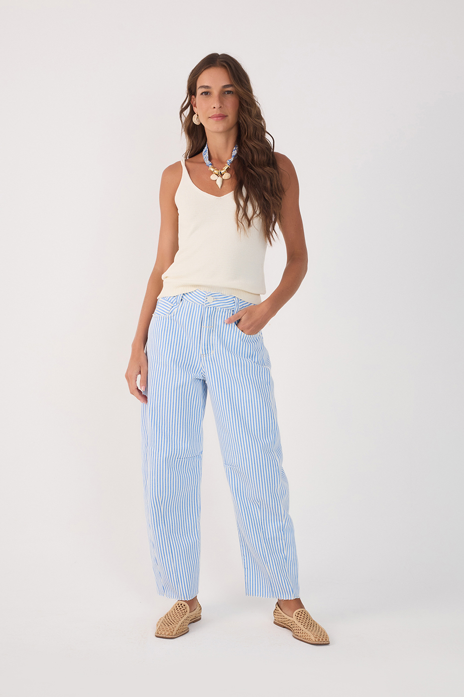 Blue Balneario Stripes Twill Barrel Pants