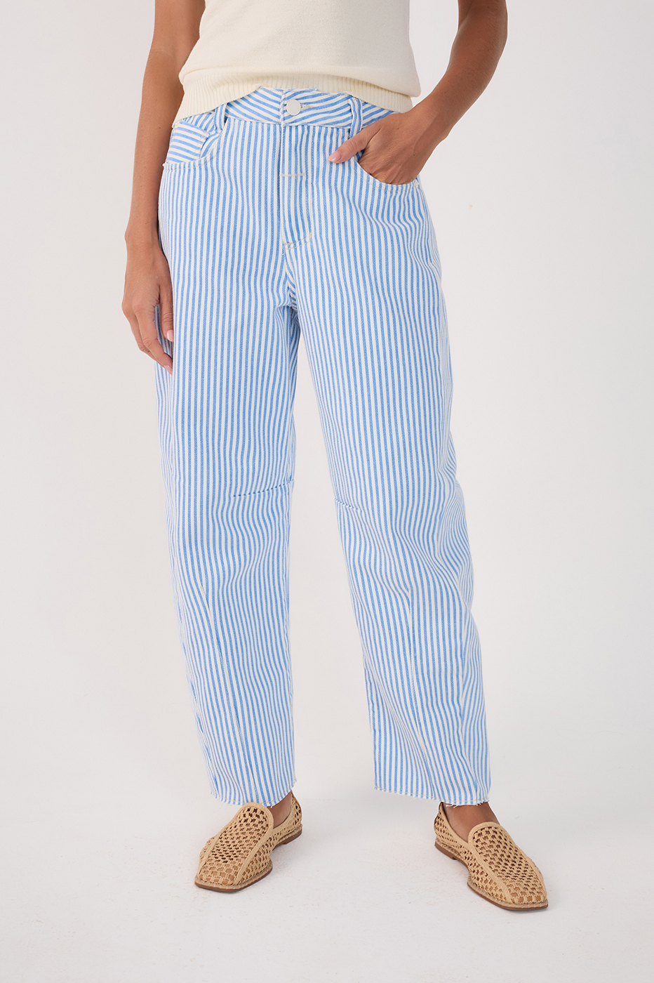Blue Balneario Stripes Twill Barrel Pants