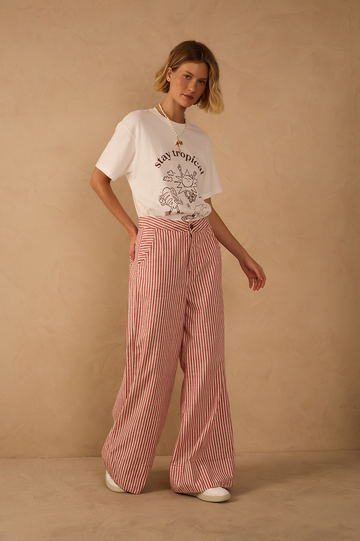 Red Stripes Pockets Wide-Leg Twill Pants