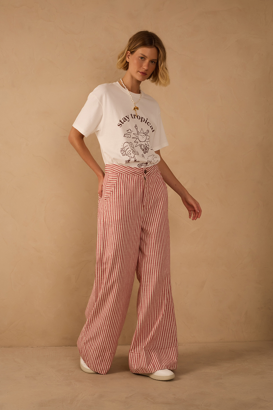 Red Stripes Pockets Wide-Leg Twill Pants