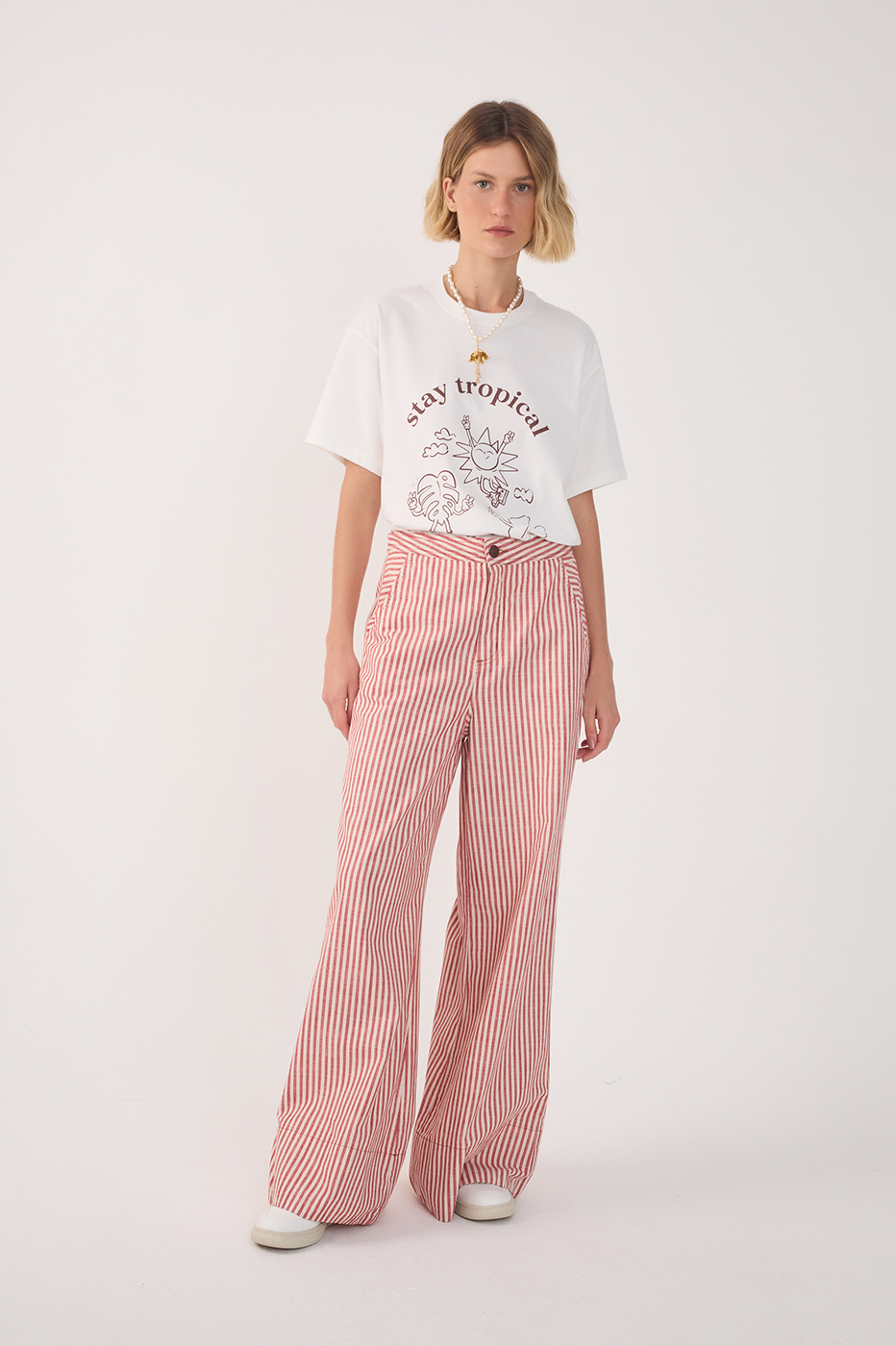 Red Stripes Pockets Wide-Leg Twill Pants