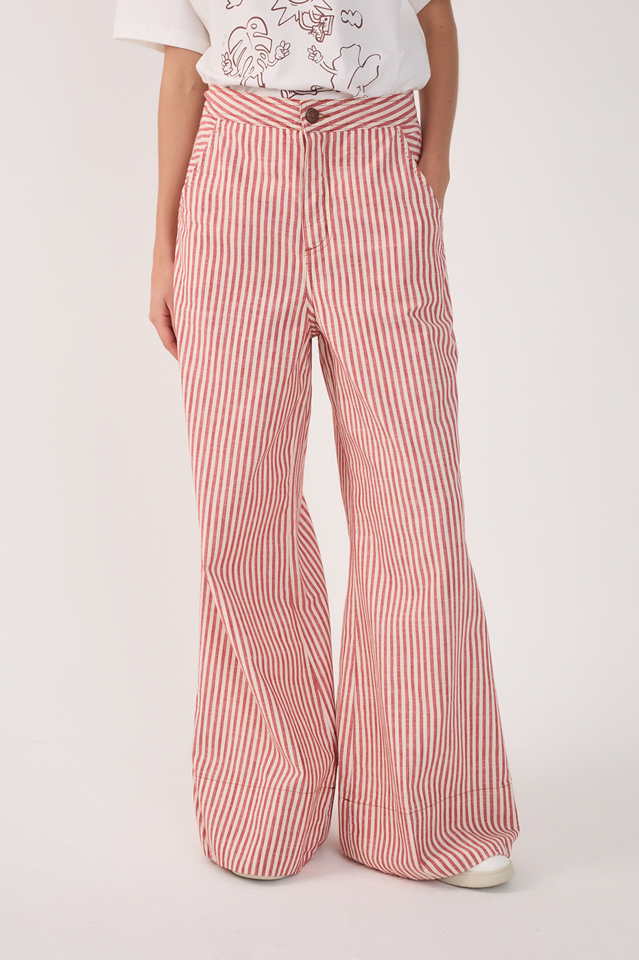 Red Stripes Pockets Wide-Leg Twill Pants