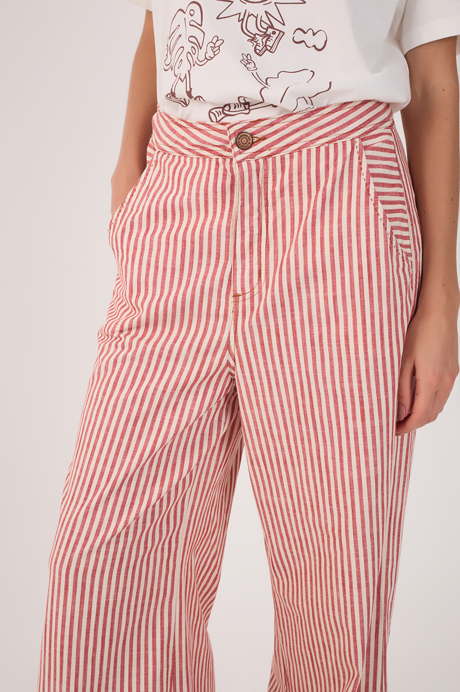 Red Stripes Pockets Wide-Leg Twill Pants