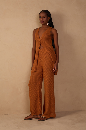 Brown Wave Hem Flared Tricot Pants