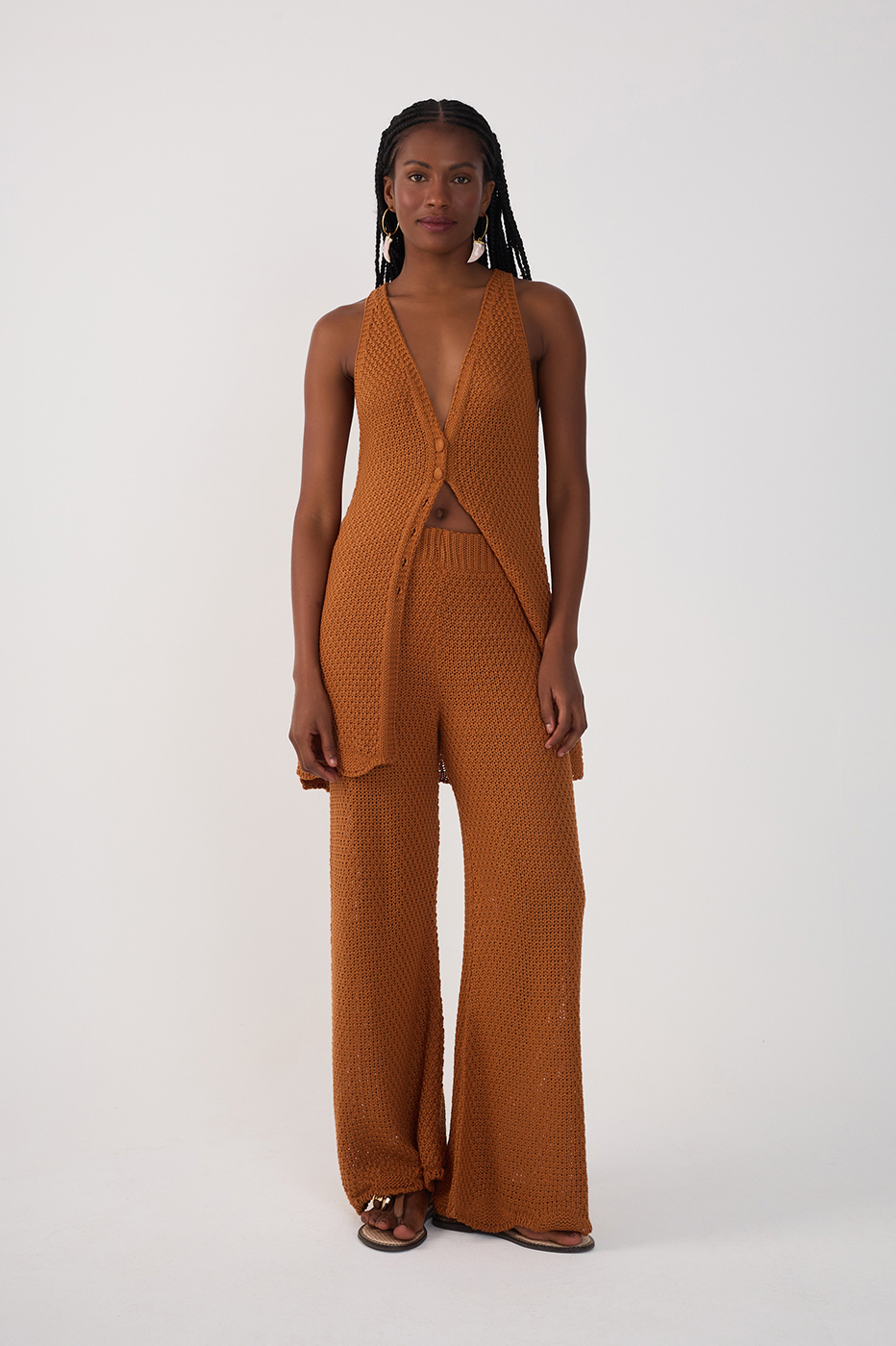 Brown Wave Hem Flared Tricot Pants