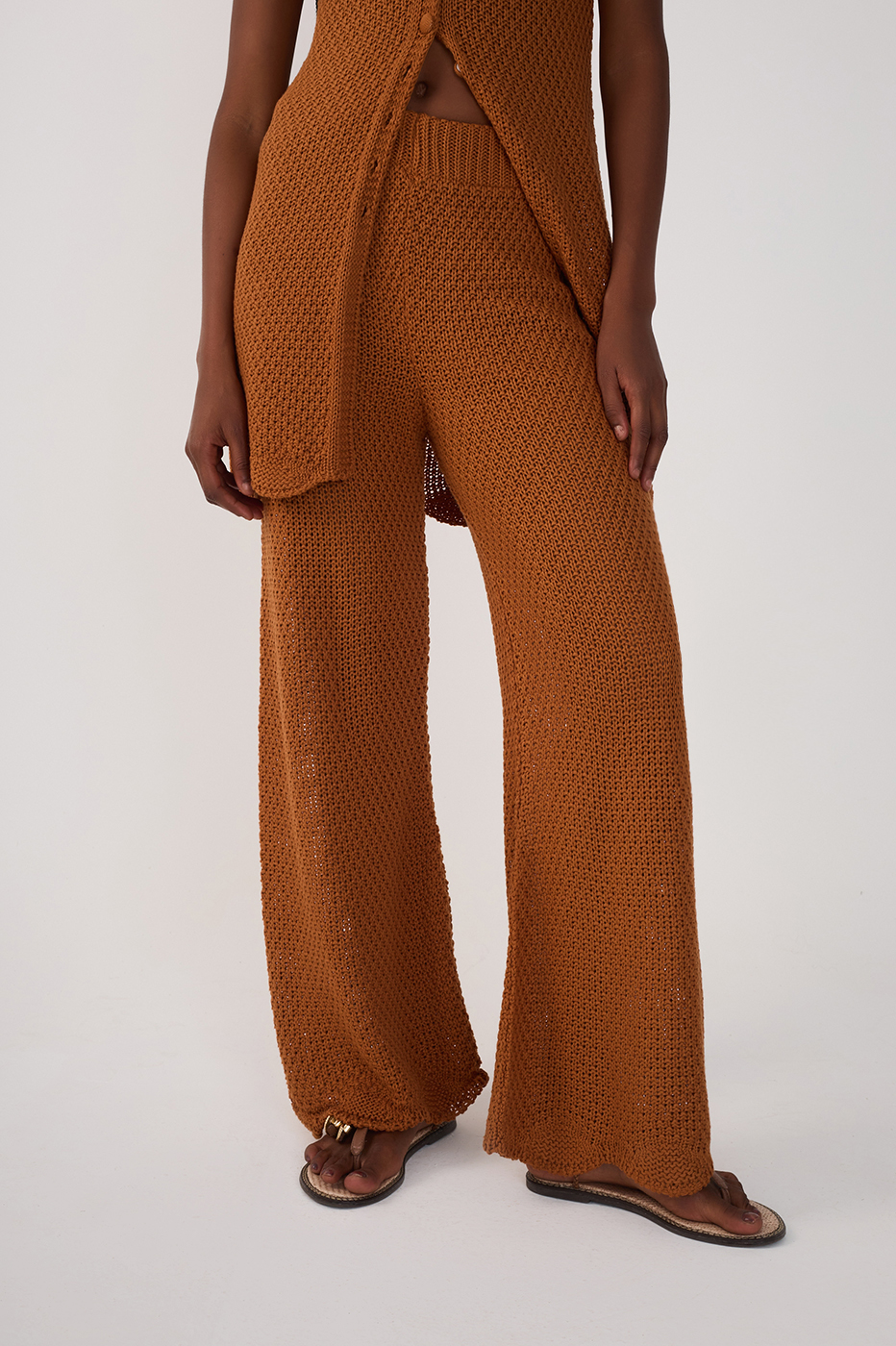 Brown Wave Hem Flared Tricot Pants