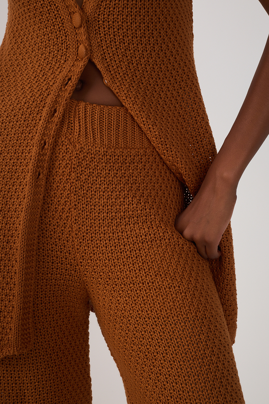 Brown Wave Hem Flared Tricot Pants