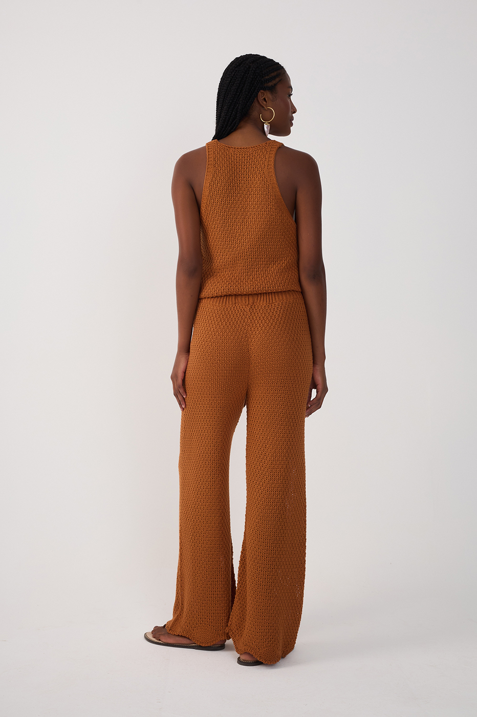Brown Wave Hem Flared Tricot Pants