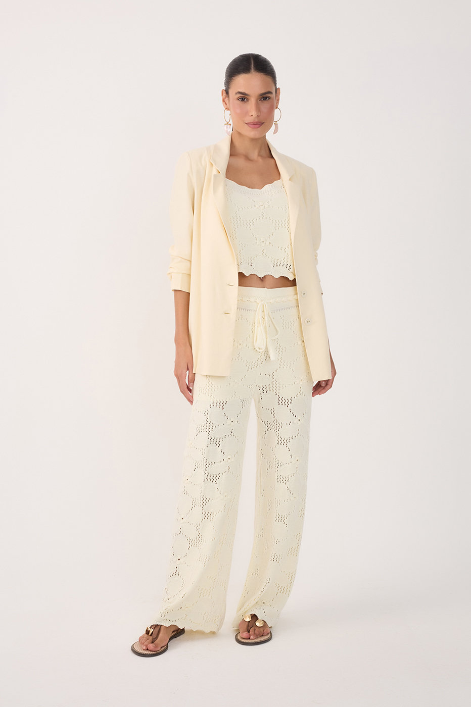 Beige Ties Wave Hem Lined Tricot Pants