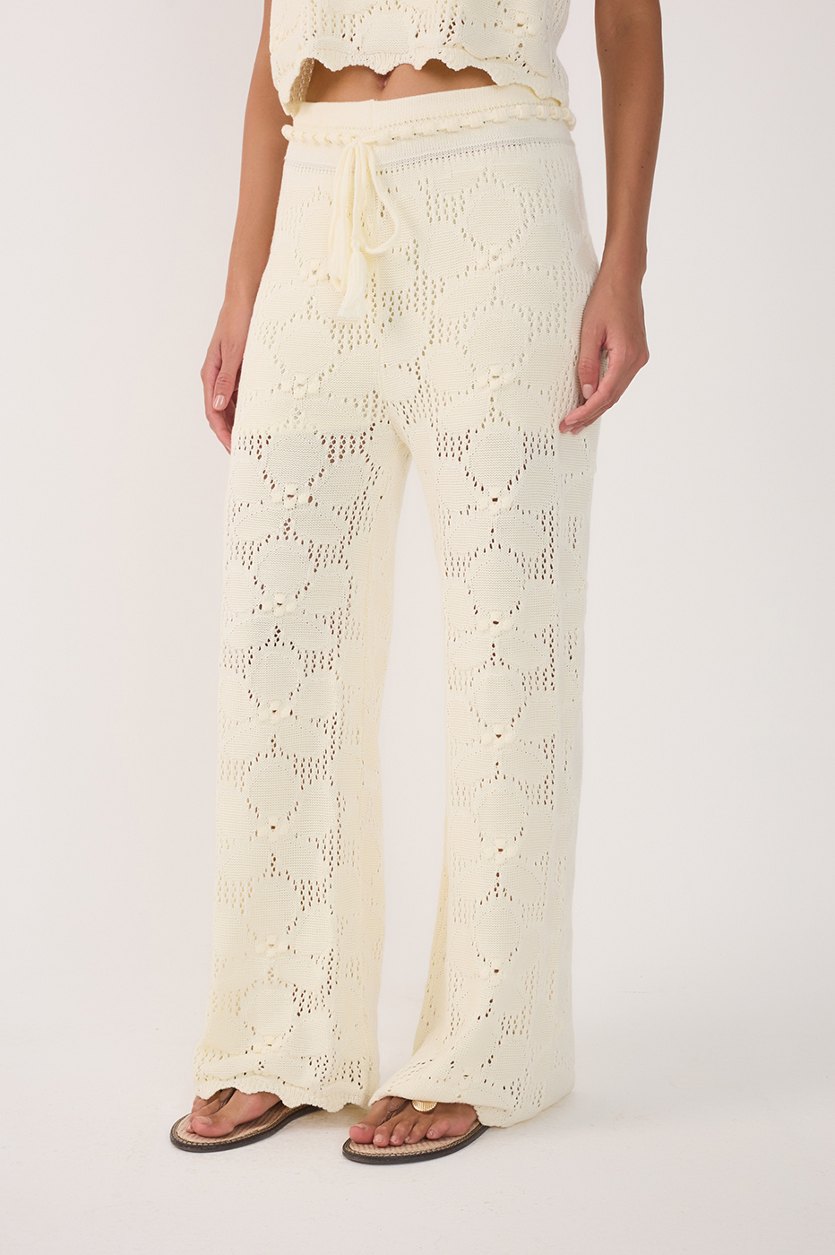Beige Ties Wave Hem Lined Tricot Pants