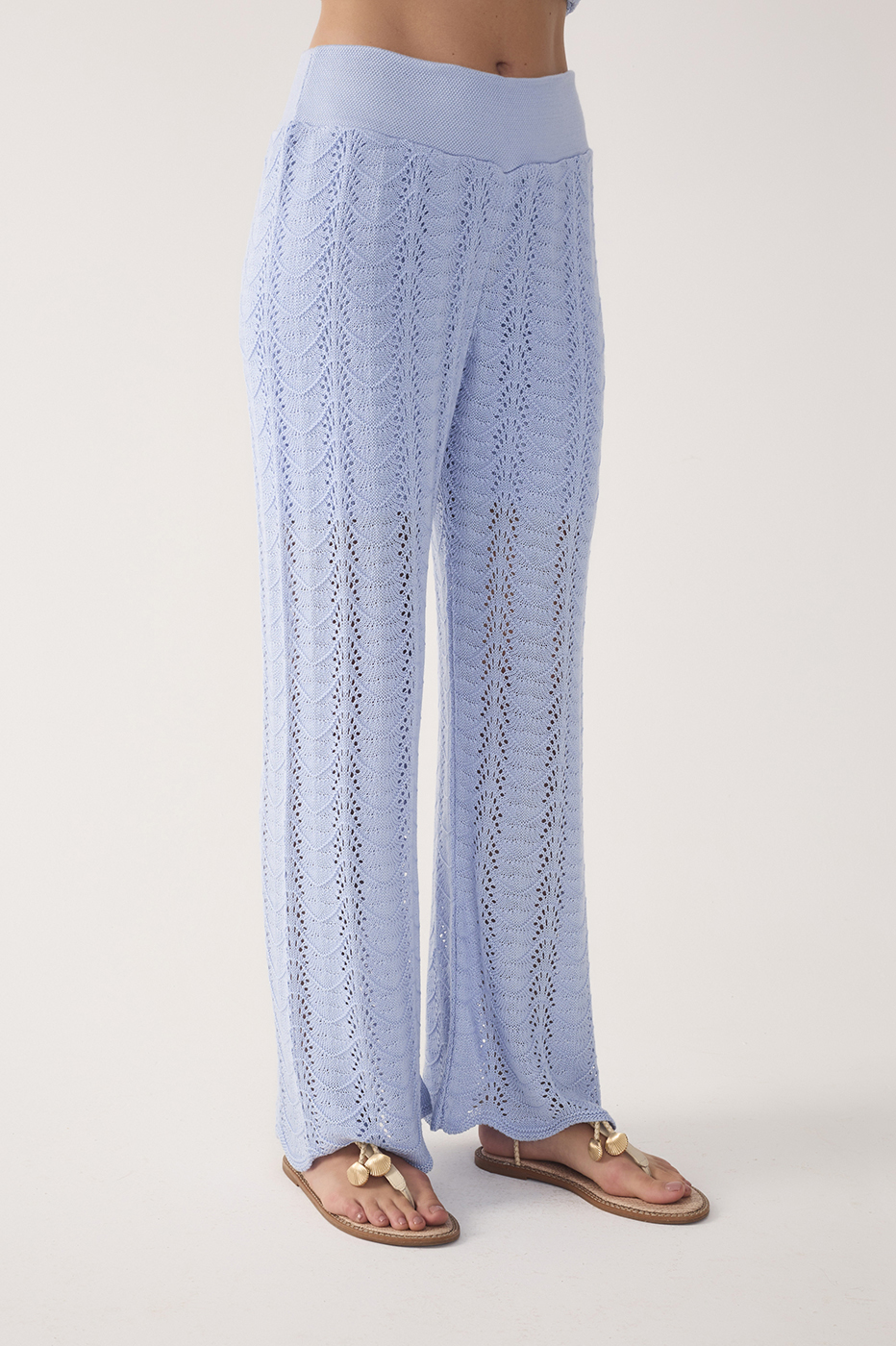 Blue Wide-Leg Wave Hem Tricot Pants