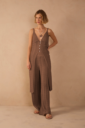 Brown Knit Wide-Leg Cotton Pants