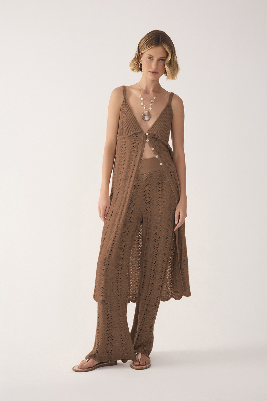 Brown Knit Wide-Leg Cotton Pants