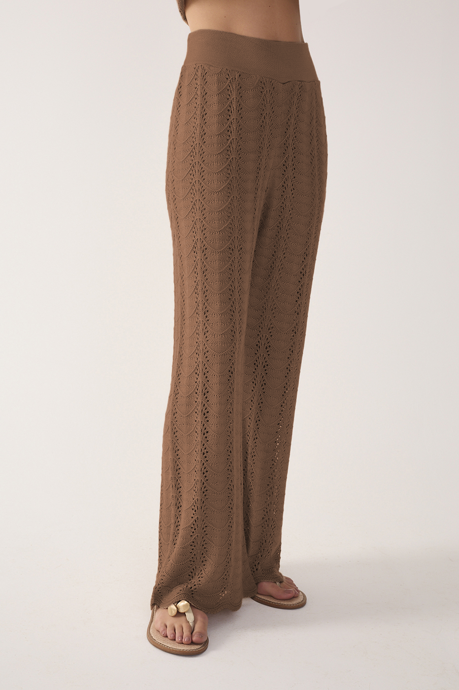 Brown Knit Wide-Leg Cotton Pants