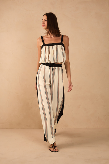 Beige Parque Stripes Drawstring Pockets Linen Pants