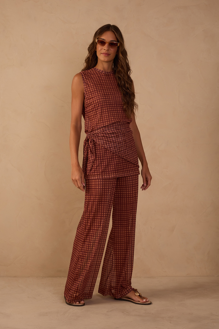 Brown Vichy Wide-Leg Tulle Pants